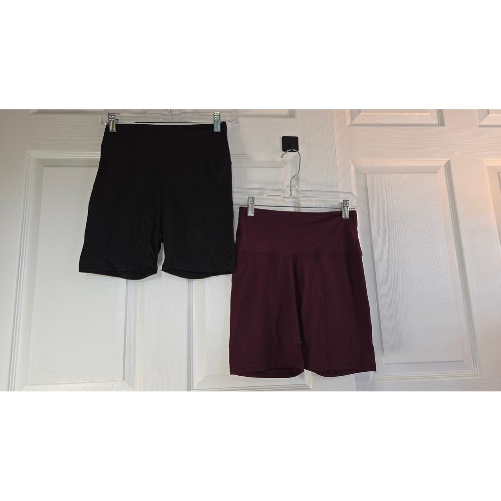 Lot of 2 Womens High Waisted Athletic Biker Shorts Black Burgundy Size Small/Med